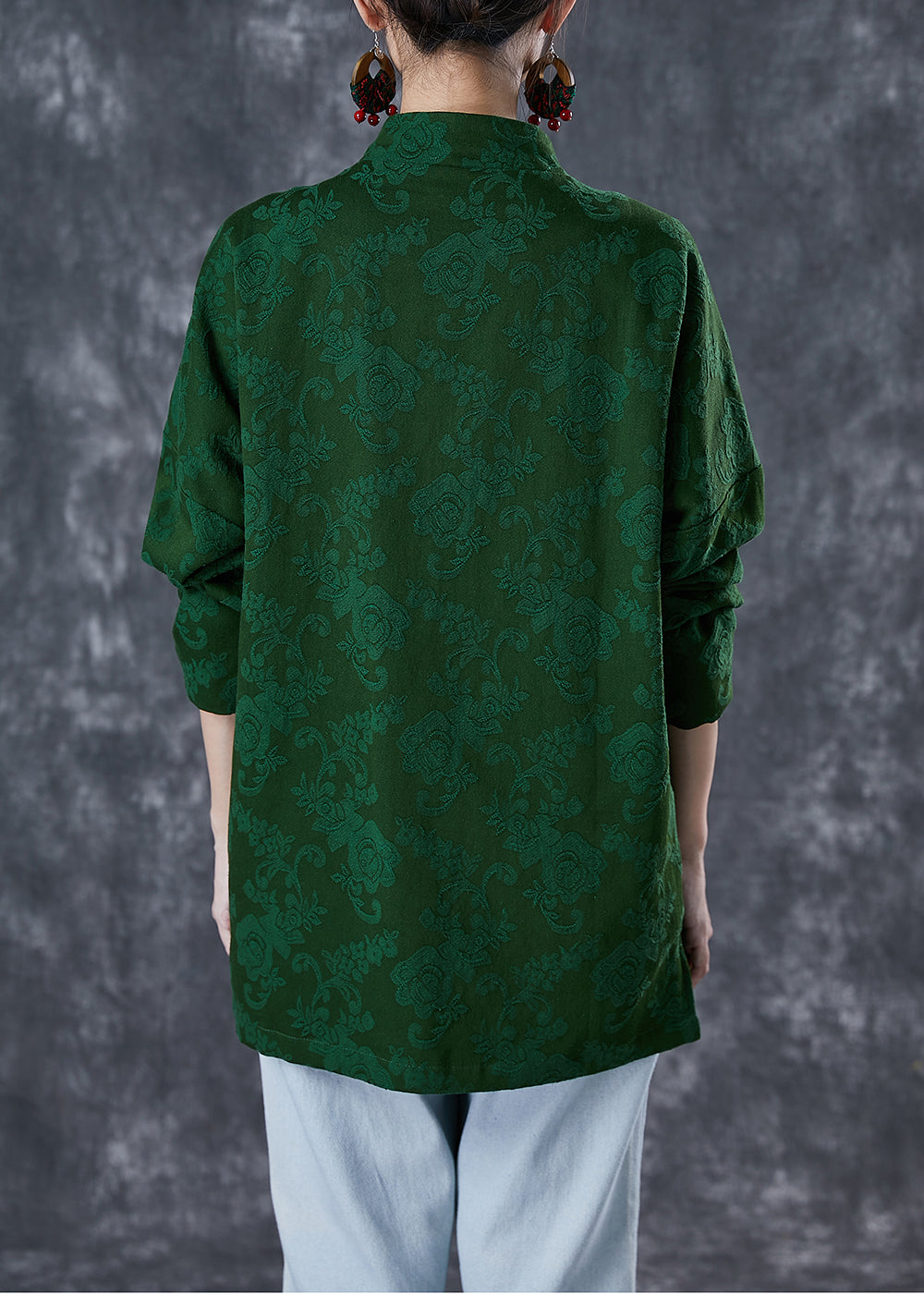 Green Jacquard Chinese Button Cotton Coats Fall