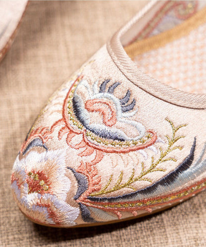 Splicing Pointed Toe Chunky Beige Satin Embroideried
