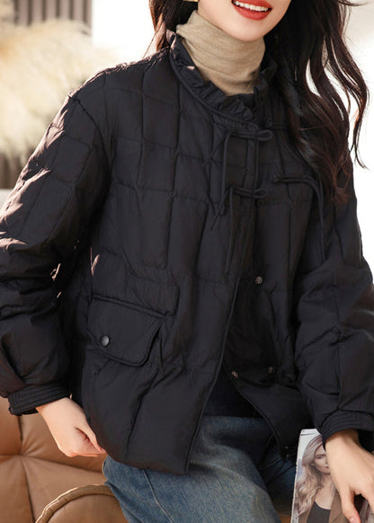 Black Pockets Ruffled Patchwork Fine Cotton Filled Coats Winter