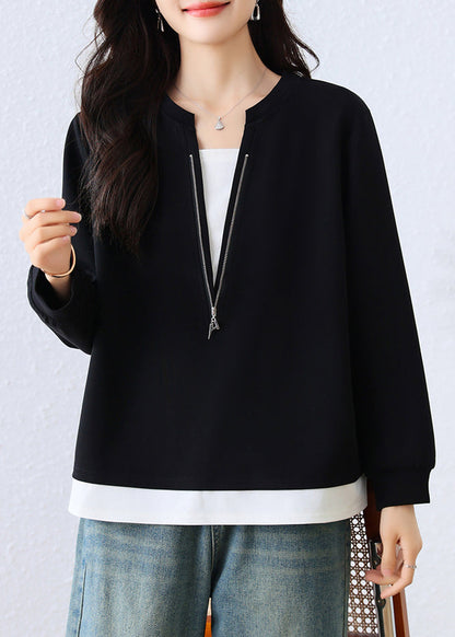 Black Zip Up Patchwork Cotton Fake Two Piece Sweatshirts Top Fall