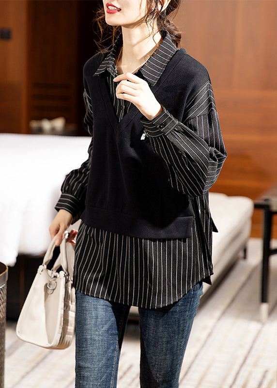 Black Striped Peter Pan Collar Patchwork Cotton Shirt Long Sleeve