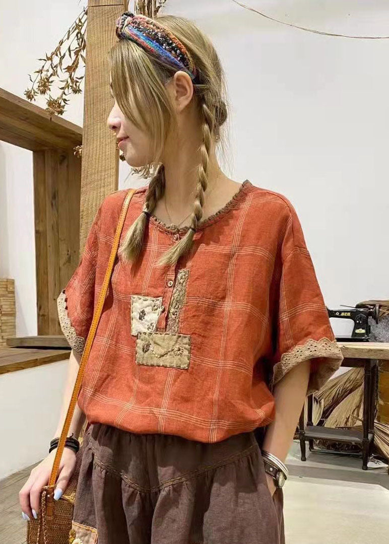 Grey Ruffled Plaid Cotton Shirt Tops Short Sleeve