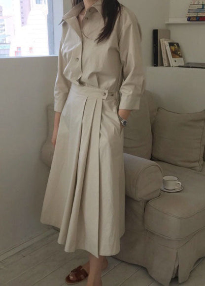 Fine Beige Peter Pan Collar Wrinkled Patchwork Cotton Dress Spring