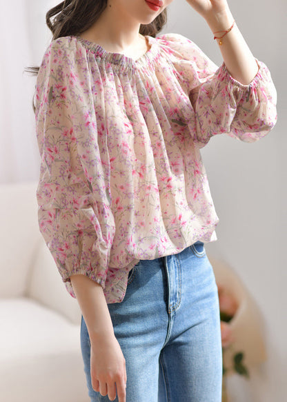 French Purple Ruffled Print Silk Blouses Bracelet Sleeve Summer
