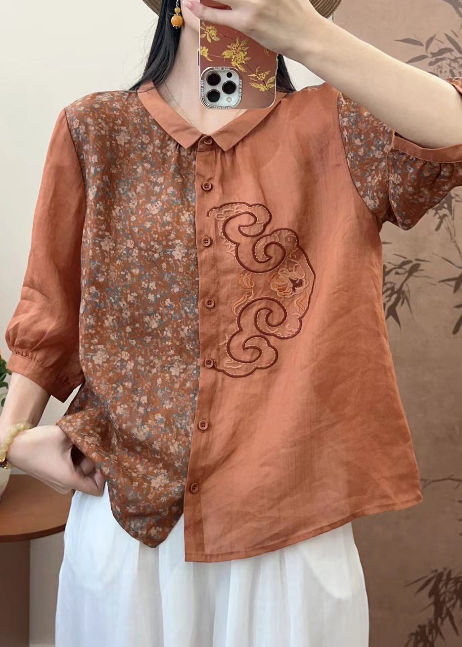 Natural Pink O-neck Embroidered Patchwork Print Linen Top Spring