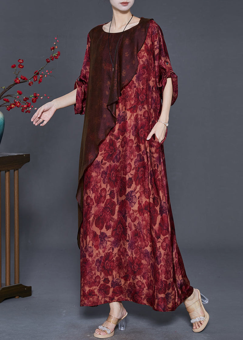 Red Asymmetrical Print Silk Robe Dresses Spring