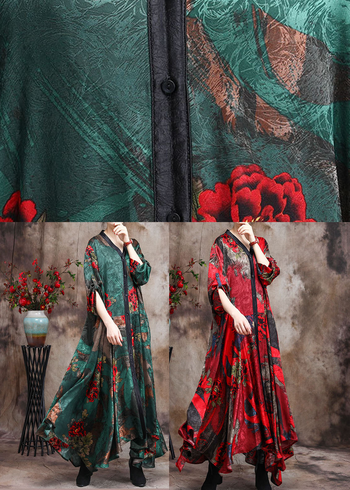 Red Retro Print Patchwork Fall Dress