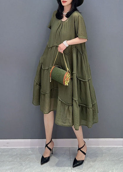 Green Patchwork Cotton 2 Piece Outfit Dress O-neck Wrinkled Summer