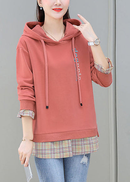 Red Patchwork Fake Two Pieces Hooded Cotton Sweatshirt Long Sleeve