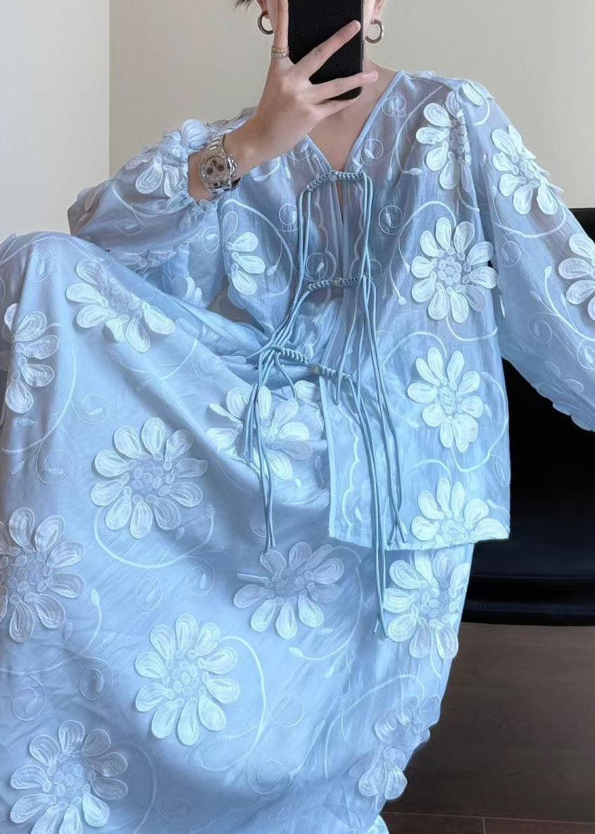 Blue Chinese Button Shirts and Skirts Silk Two-piece Set Fall