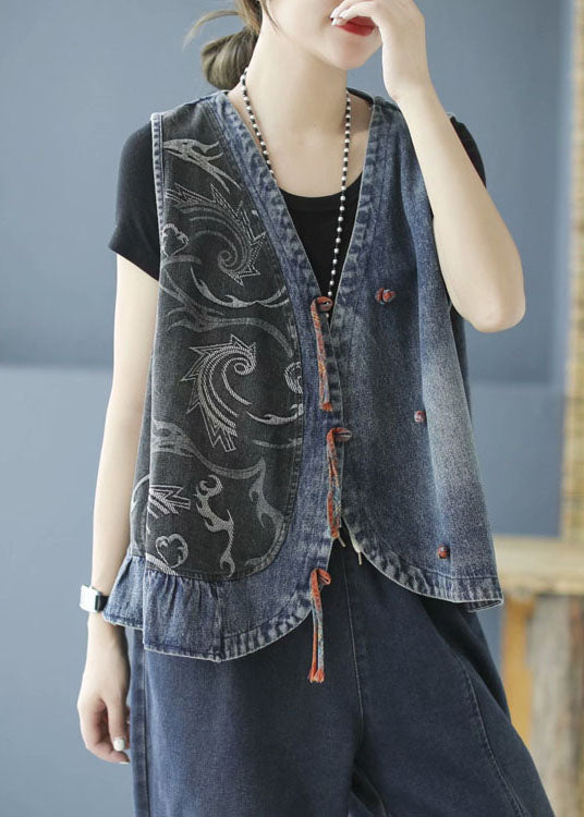 Black Tasseled Patchwork Denim Sleeveless Vest
