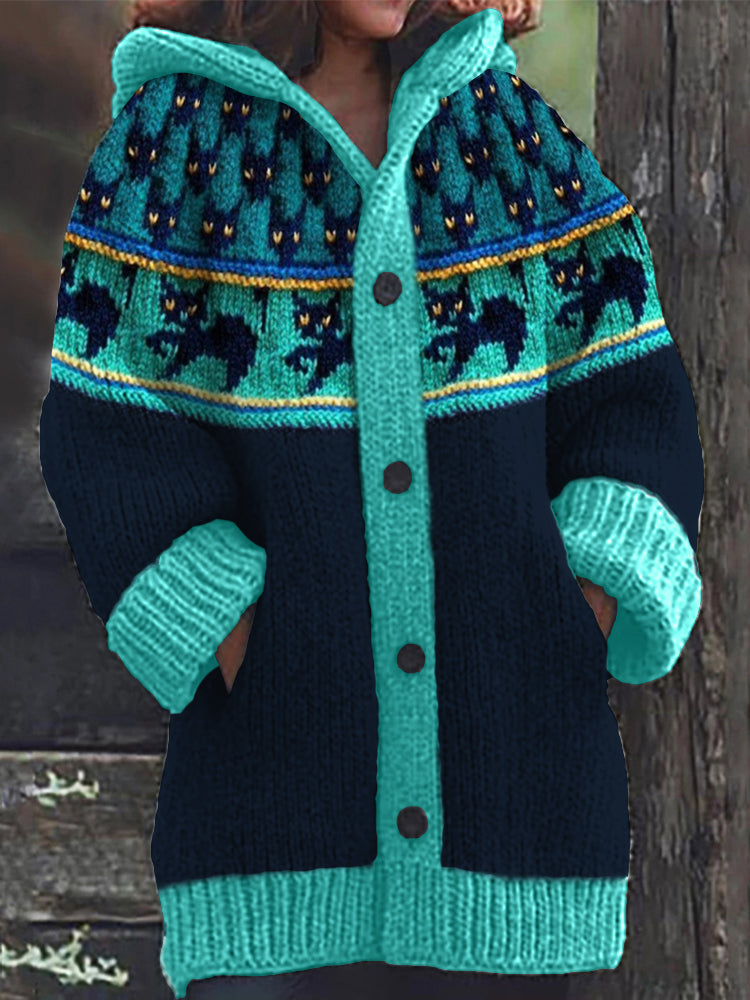 Comstylish Vintage Black Cats Yoke Contrast Cozy Knit Hooded Cardigan