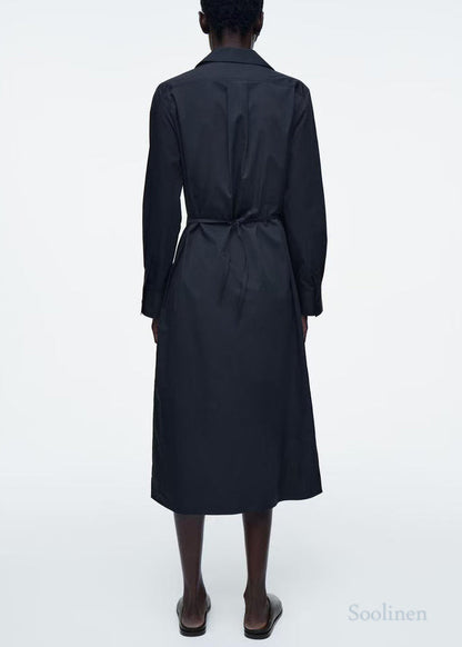 French Navy Oversized Double Breast Cotton Shirt Dresses Fall