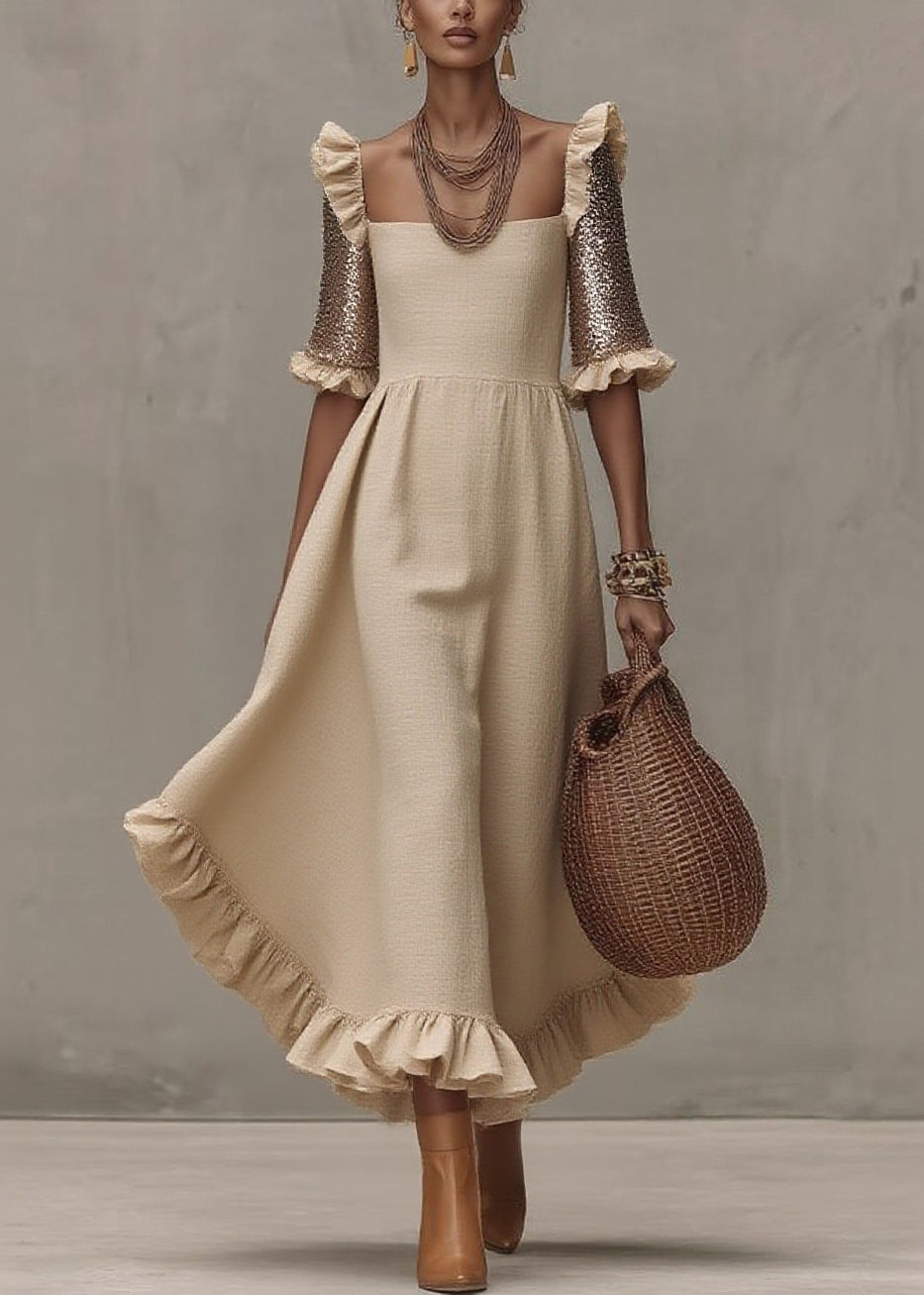 Beige Square Collar Ruffled Wrinkled Long Dress Summer