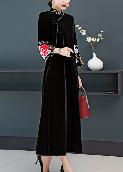 Black Stand Collar Embroideried Patchwork Velour Dress Fall