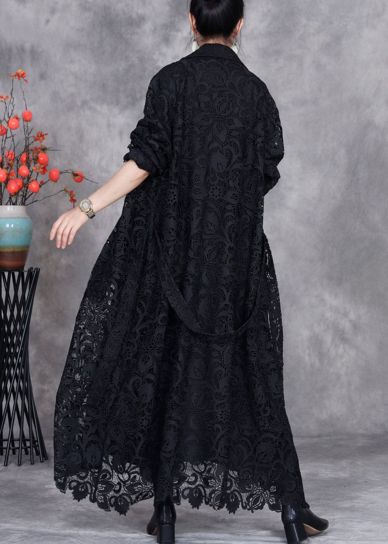 Black Button Lace Trench Coat Peter Pan Collar Fall
