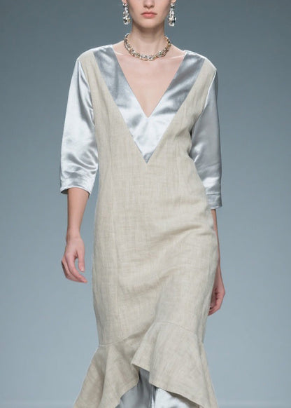 Colorblock V Neck Patchwork Linen Silk Long Dresses Summer