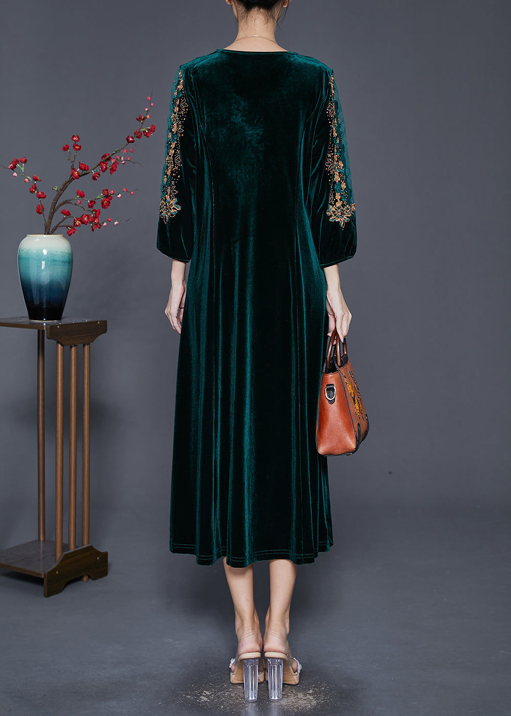 Blackish Green V Neck Zircon Silk Velour Maxi Dresses Fall