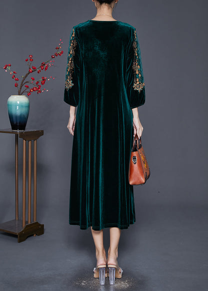 Blackish Green V Neck Zircon Silk Velour Maxi Dresses Fall