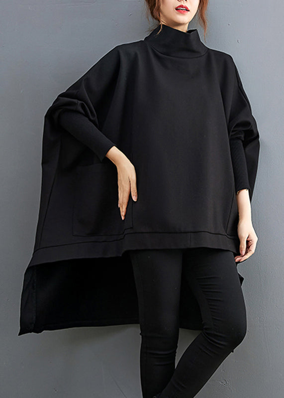 Black Turtleneck Asymmetrical Pockets Low High Design Cotton Pullover Long Sleeve