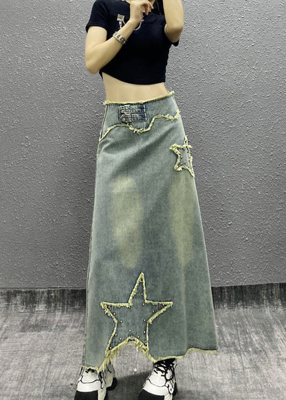 Blue Tasseled Nail Bead High Waist Denim Skirts Fall