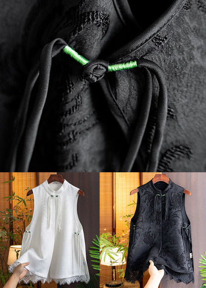 Black Tasseled Patchwork Lace Side Open Silk Vest Sleeveless