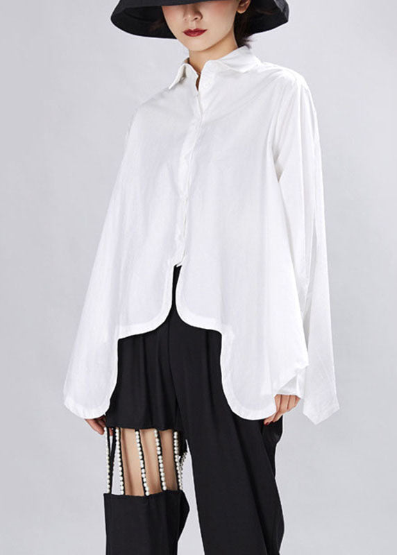 Loose White Peterpan Collar Button Asymmetrical Design Fall Shirt Top Long Sleeve