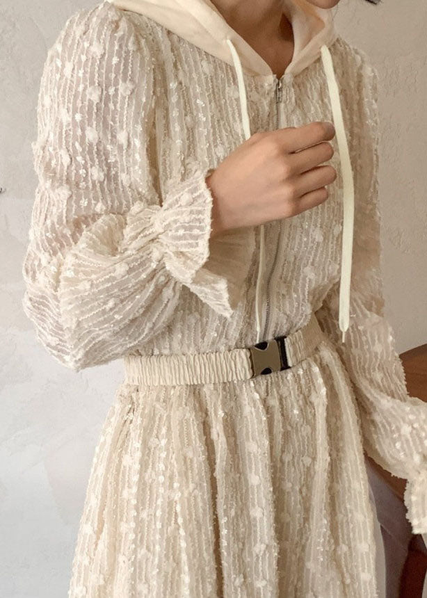 Apricot Hooded Zippered Patchwork Lace Dress Spring