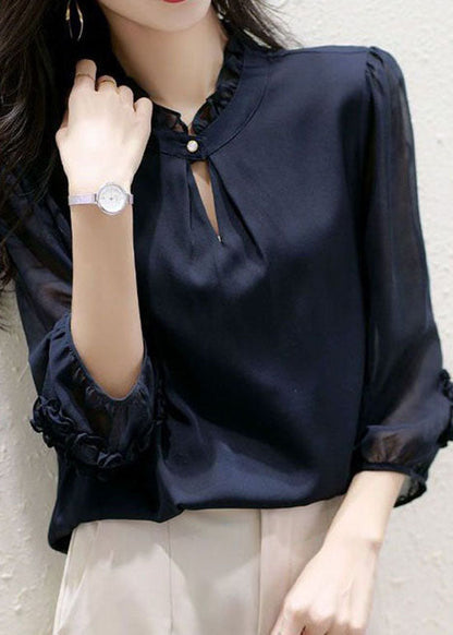 Navy Stand Collar Ruffled Patchwork Silk Top Spring
