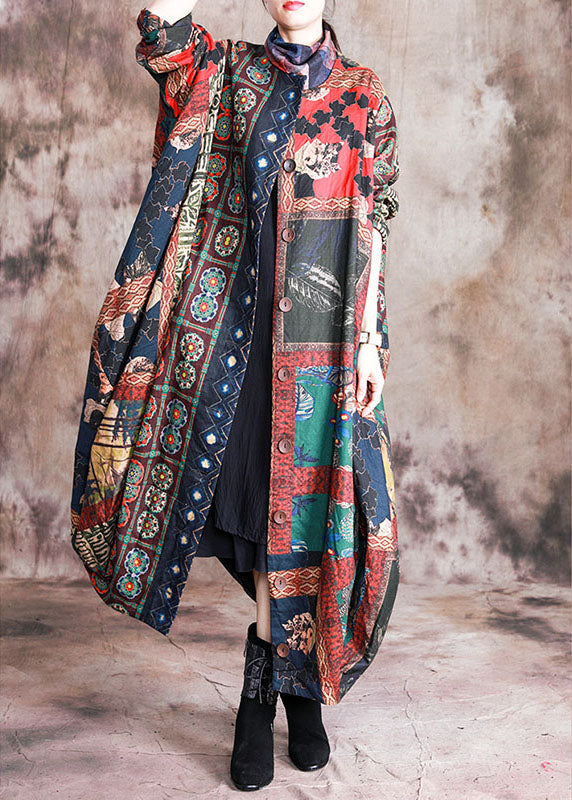 Art Red Print Button Patchwork Asymmetrical Design Fall Coats Long Sleeve