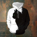 Men's Black And White Contrast Cat Print Casual Hoodie elevenforest