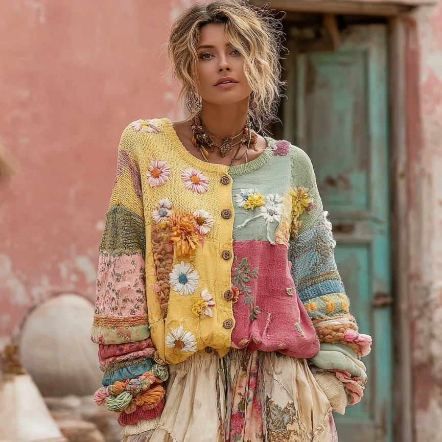 Vintage Flower Embroidery Macaroon Color Patchwork Art Print Button Sweater Cardigan artswardrobe