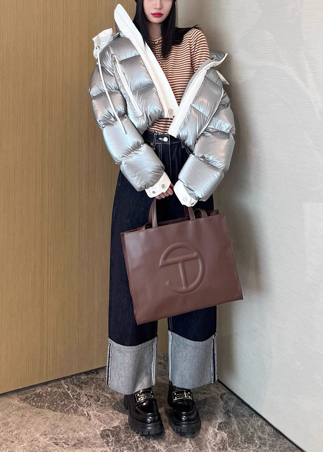 Silvery Hooded Patchwork Duck Down Down Coat Winter