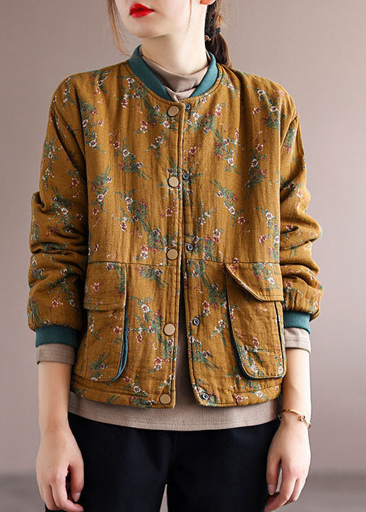 Yellow Print Fine Cotton Filled Coat Stand Collar Long Sleeve Winter