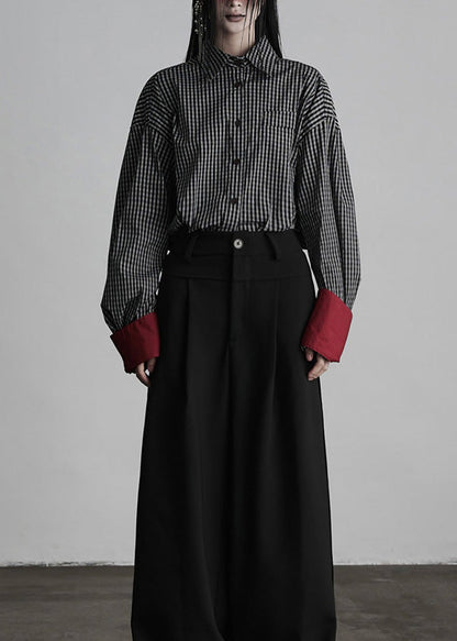 Black Peter Pan Collar Plaid Button Cotton Shirts Fall