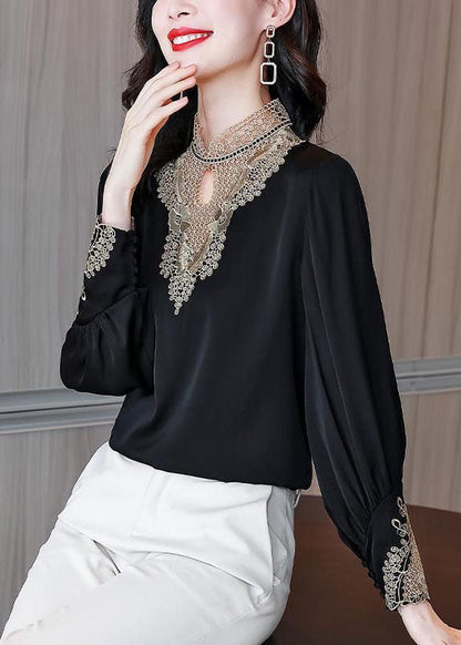 Black Stand Collar Embroideried Patchwork Chiffon Blouse Top Long Sleeve