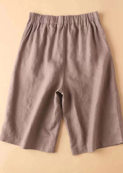 Brown Pockets Elastic Waist Button Linen Straight Pants Summer