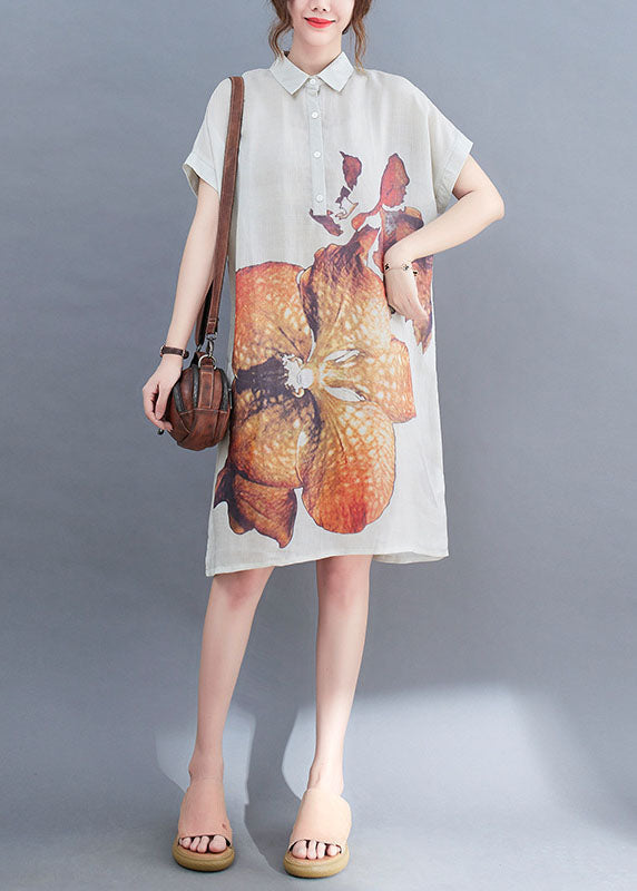 Natural White Peterpan Collar Button Print Summer Short Sleeve Dress