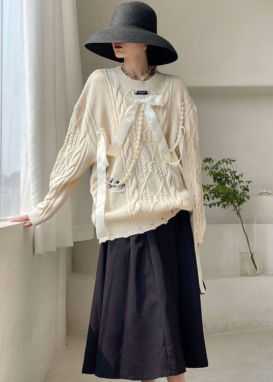 Diy Apricot Bow Hole Knit Sweaters Spring