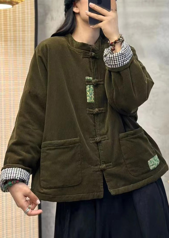 Orange Pockets Chinese Button Corduroy Fine Cotton Filled Jackets Winter