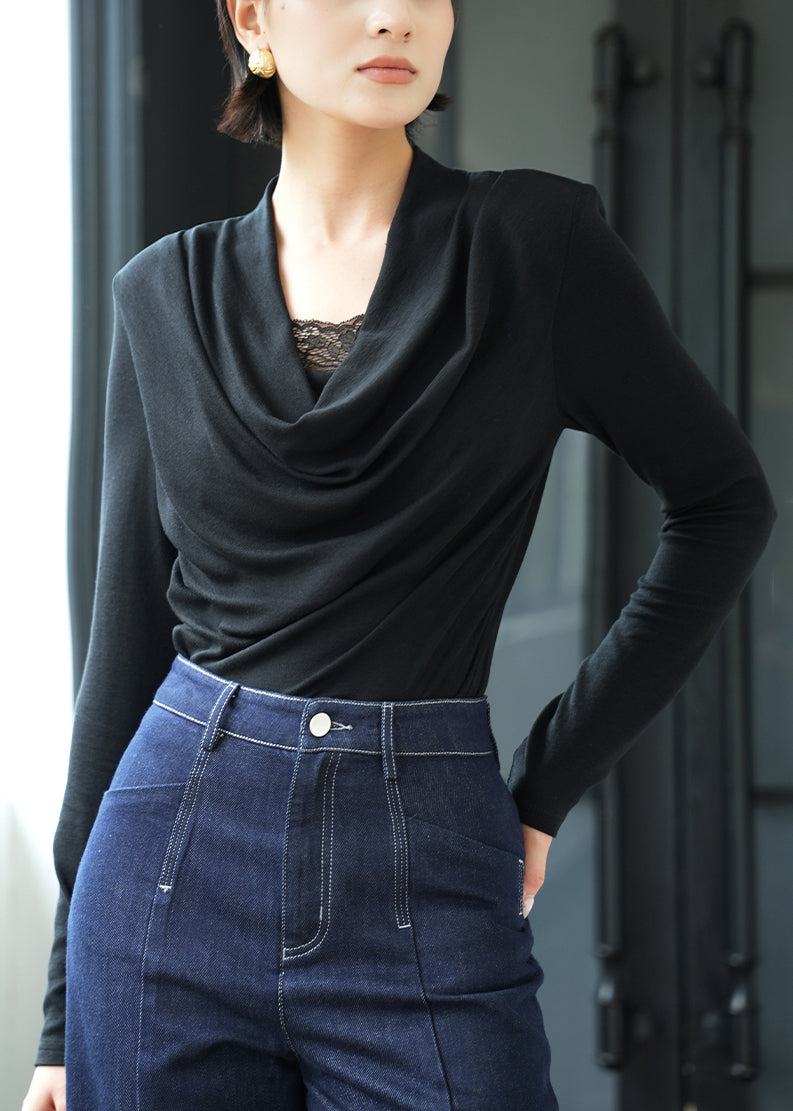Slim Fit Black Lace Patchwork Wool T Shirts Fall