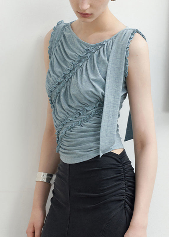 Art Blue O-neck Ruffled Patchwork Beach Top Sleeveless