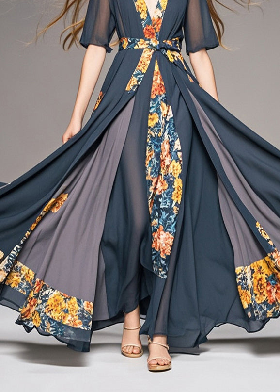 Charcoal Grey Cinched Patchwork Exra Large Hem Chiffon Dresses Summer