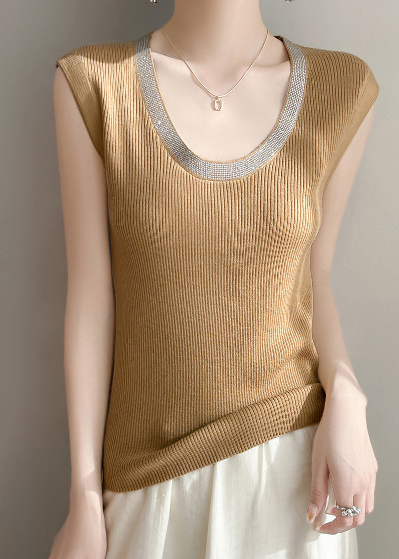 Yellow U Neck Patchwork Knit Tank Summer
