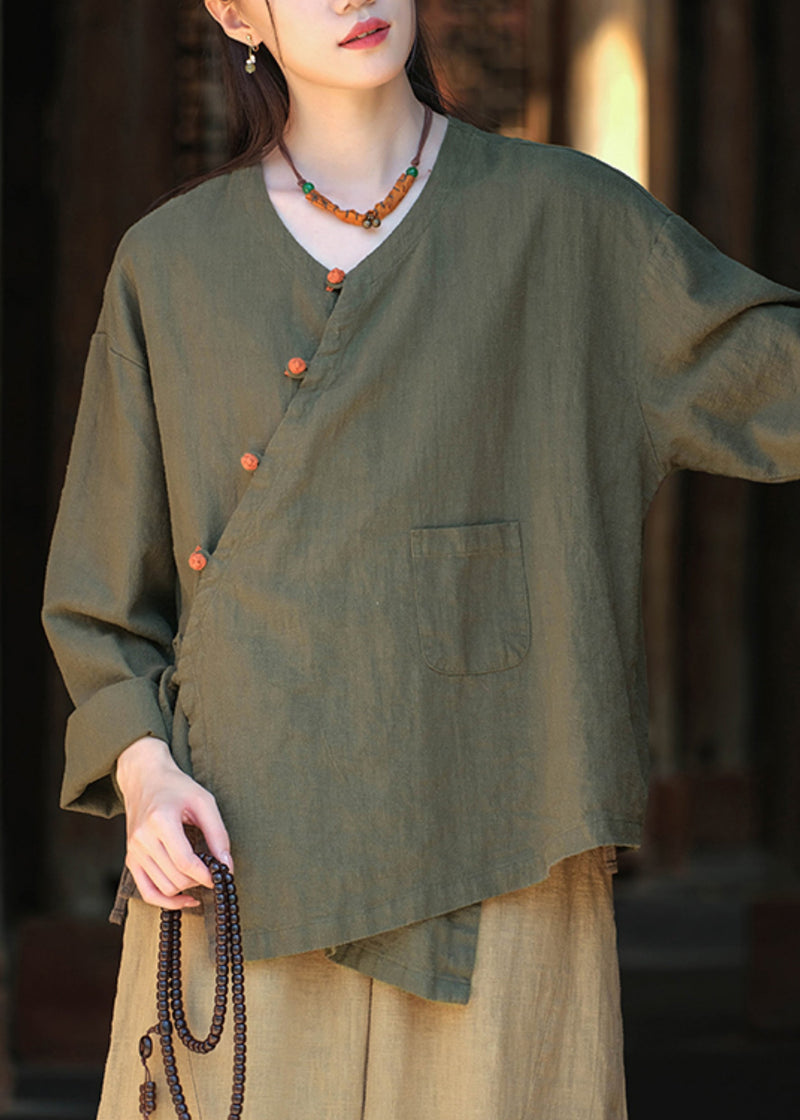 Green V Neck Button Lace Up Cotton Shirts Fall
