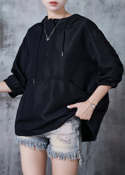 Black Hooded Wrinkled Cotton Pullover Tops Summer