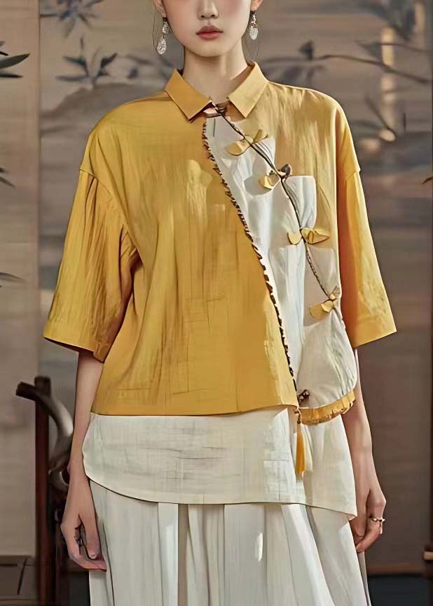 Chinese Style Yellow Peter Pan Collar Button Linen Shirts Summer
