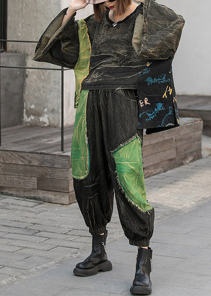 Modern Black O-neck Asymmetrical Design Patchwork Denim Tops and Harem Pants Two Piece Set Spring