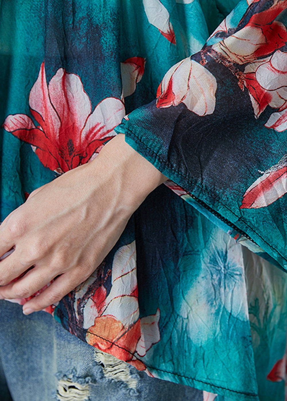 Modern Green Oversized Print Cotton Tops Fall