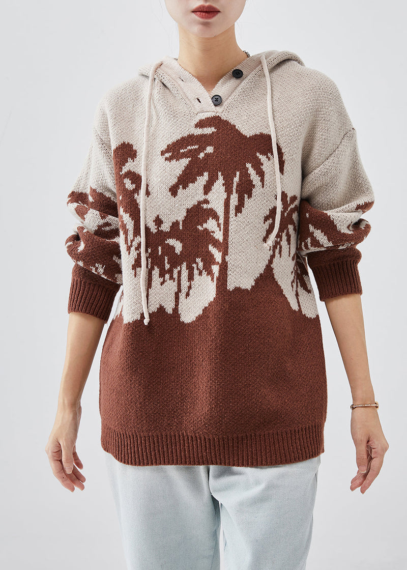 Khaki Hooded Jacquard Knit Sweatshirt Spring